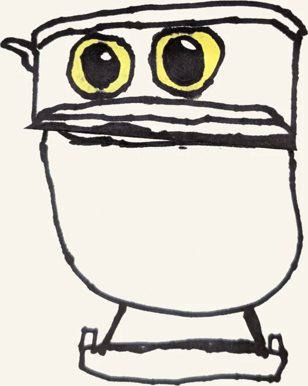 Murphy's drawing of a closed toilet with big yellow eyes.